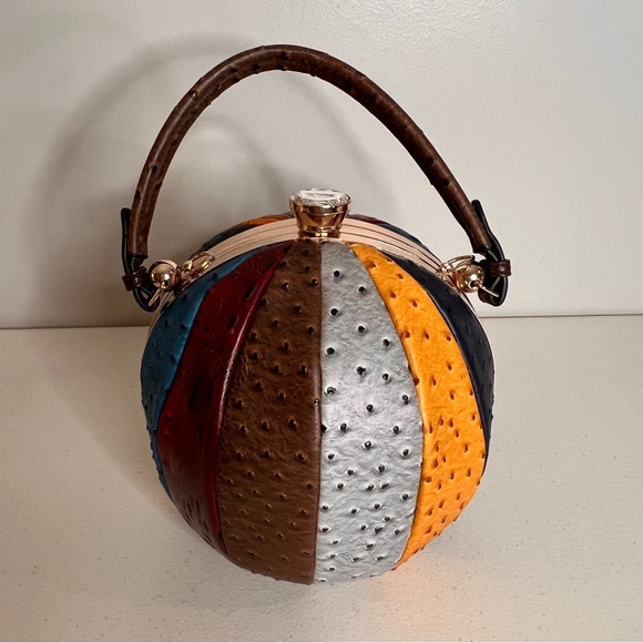 Alyssa Faux Vegan Leather Ostrich Texture Round Sphere Ball Handbag Multicolor - Picture 5 of 15
